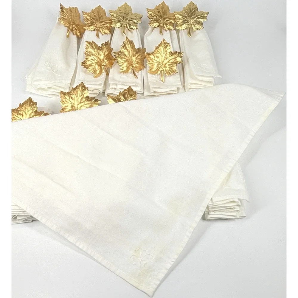 Gold Tone Metal Maple Leaf Napkin Rings 12 Pc Fall Autumn w/ Embroidered Linens